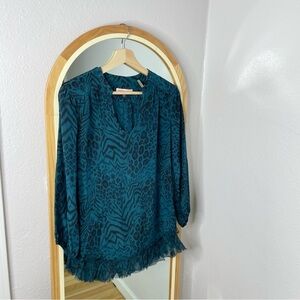 Rebecca Taylor teal leopard animal print Ruffle hem silk blouse